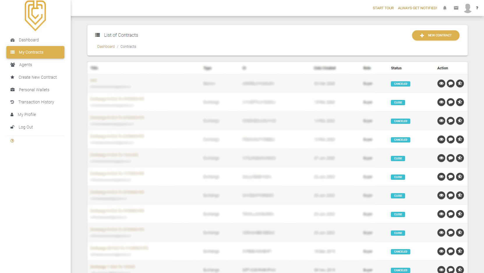 In this part you can view the history of your contracts and by clicking on each one of them view their details