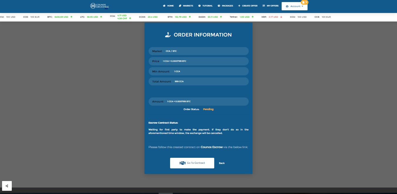 Choose the amount of CCA you want and system will automatically show you the amount of Bitcoin you have to pay. You can also chat with the seller by clicking on Chat