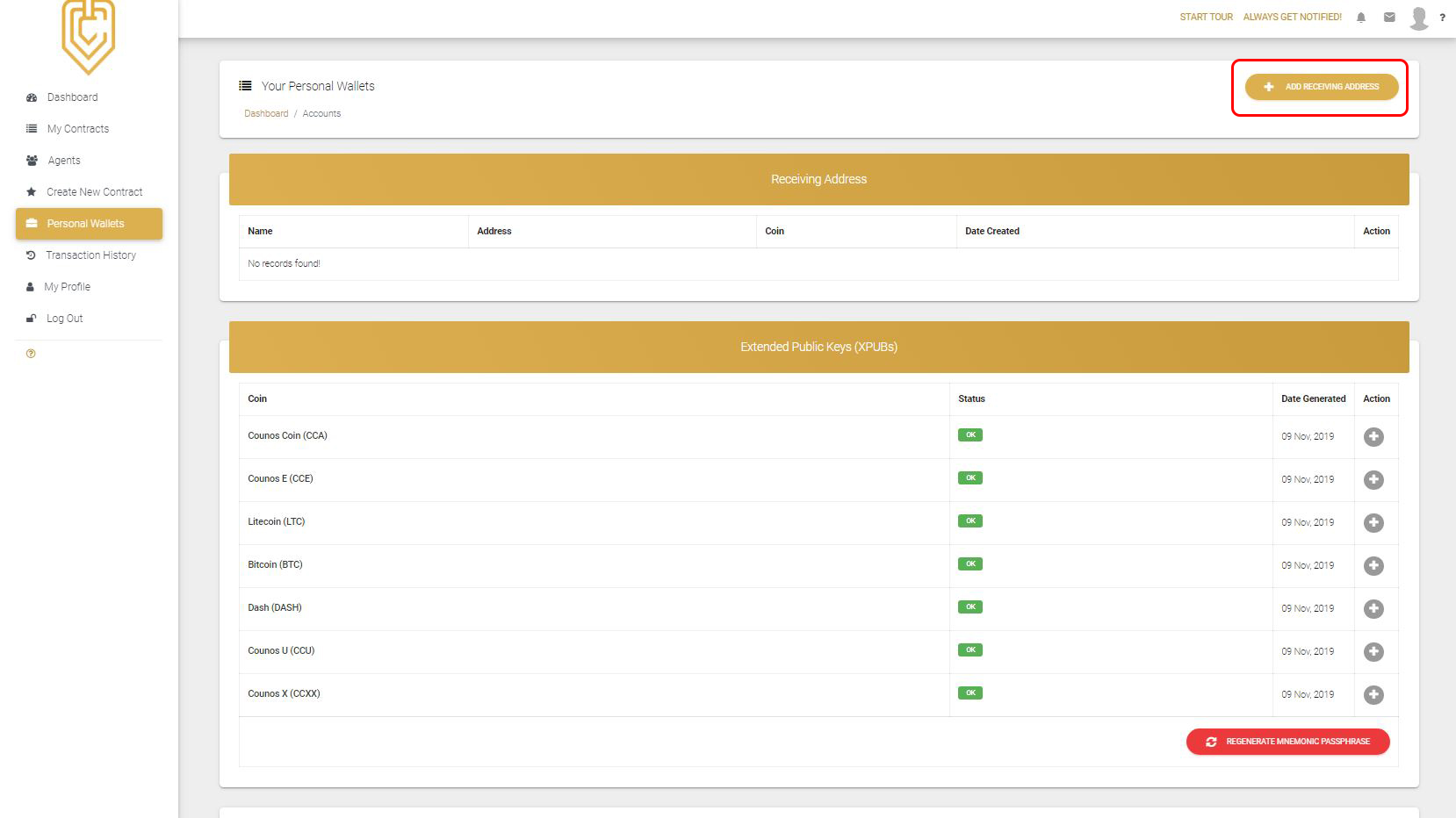 In this page you need to enter the address for each coin, so that you will be able to use them to withdraw the contract amount