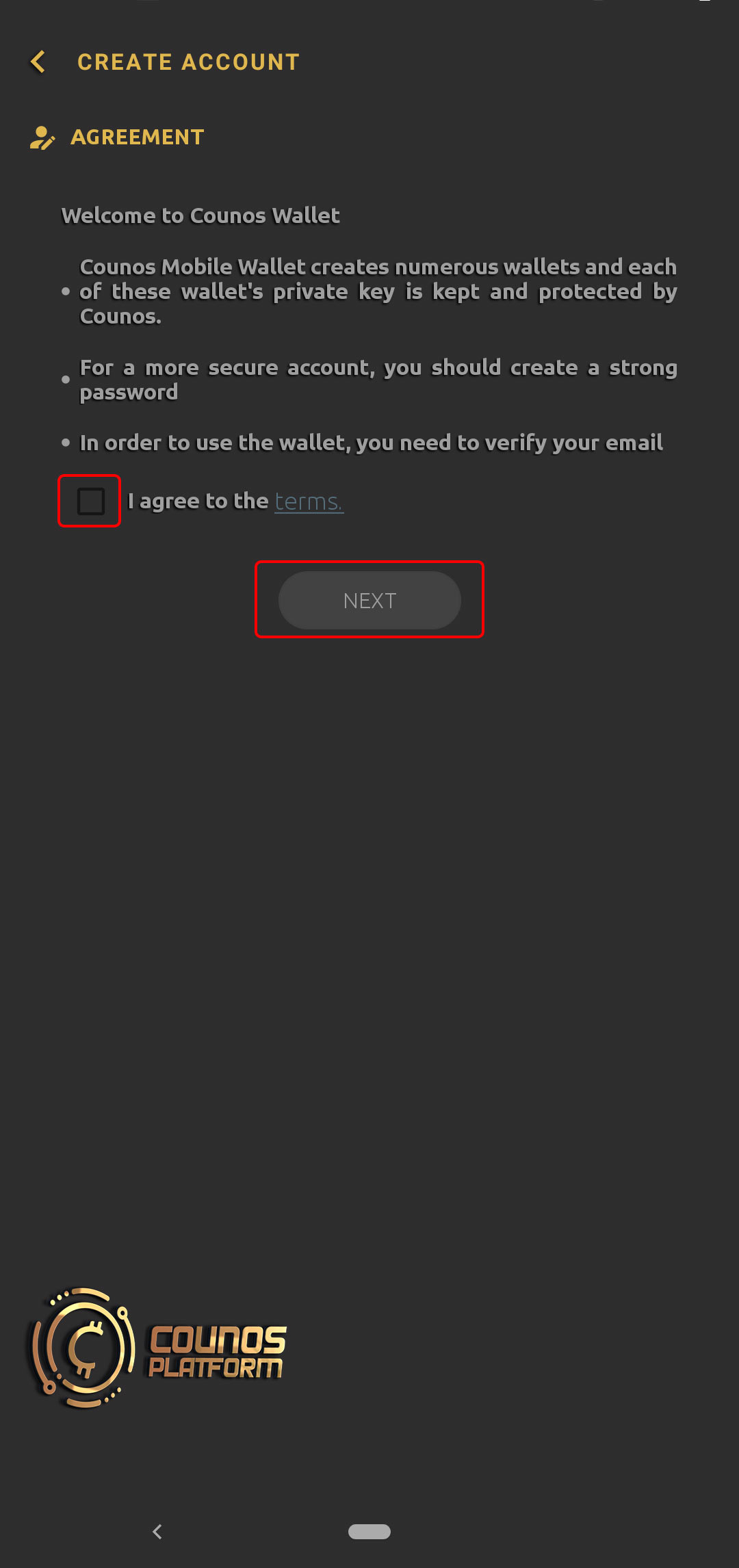 In this page, read the rules of Counos Platform and after accepting them tap NEXT.