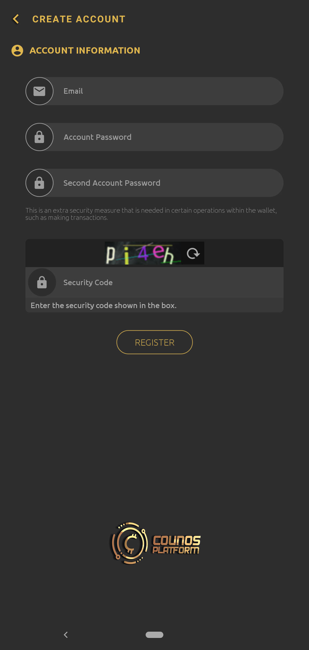 After accepting the rules of Counos Platform you will be redirected to       this page in which you need to submit your information and make sure to get a copy of them because you will need these information and passwords in   the future.