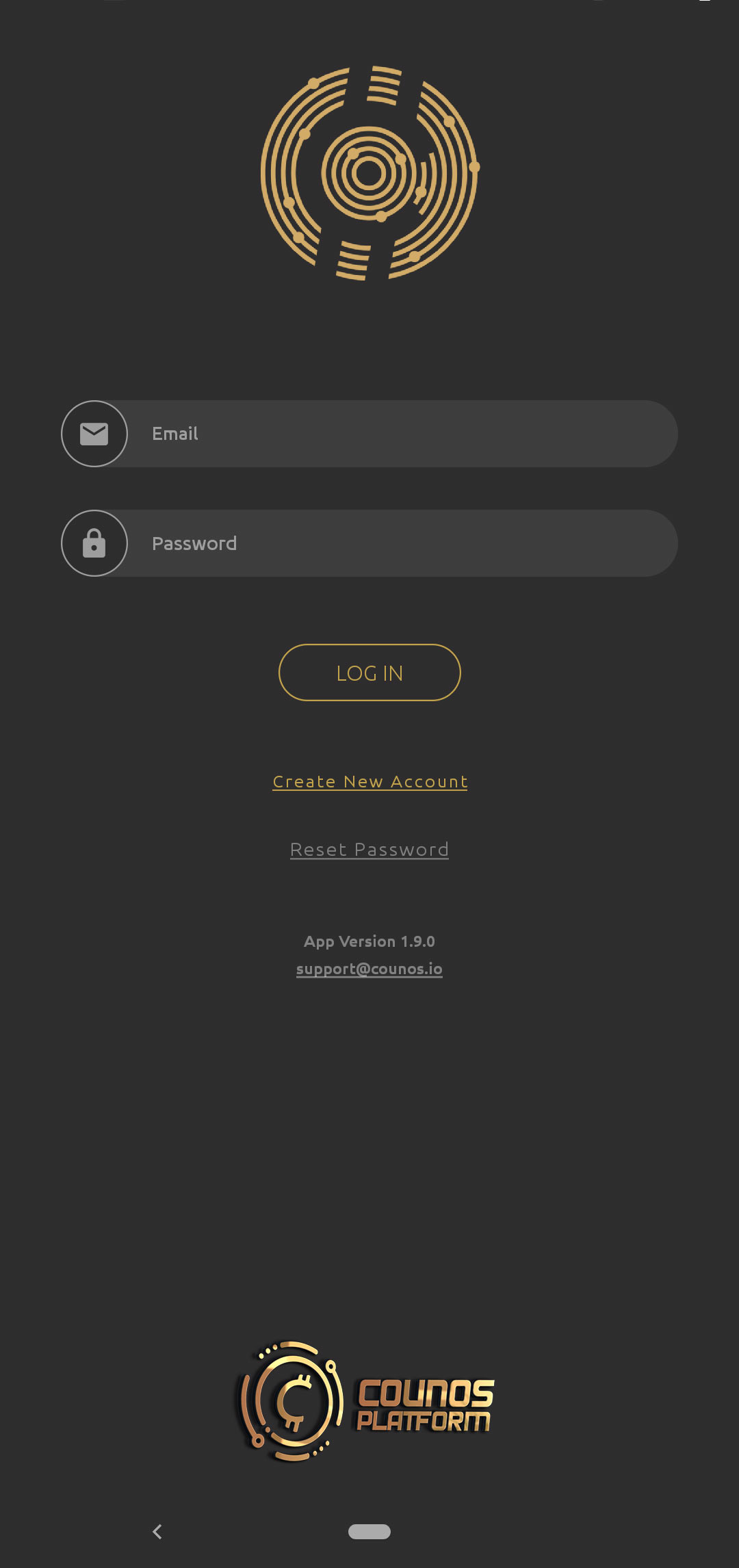 So far you were able to create an account and register in the Counos Mobile Wallet. To enter the wallet, put your email in the first part and your first password after that and tap LOG IN.