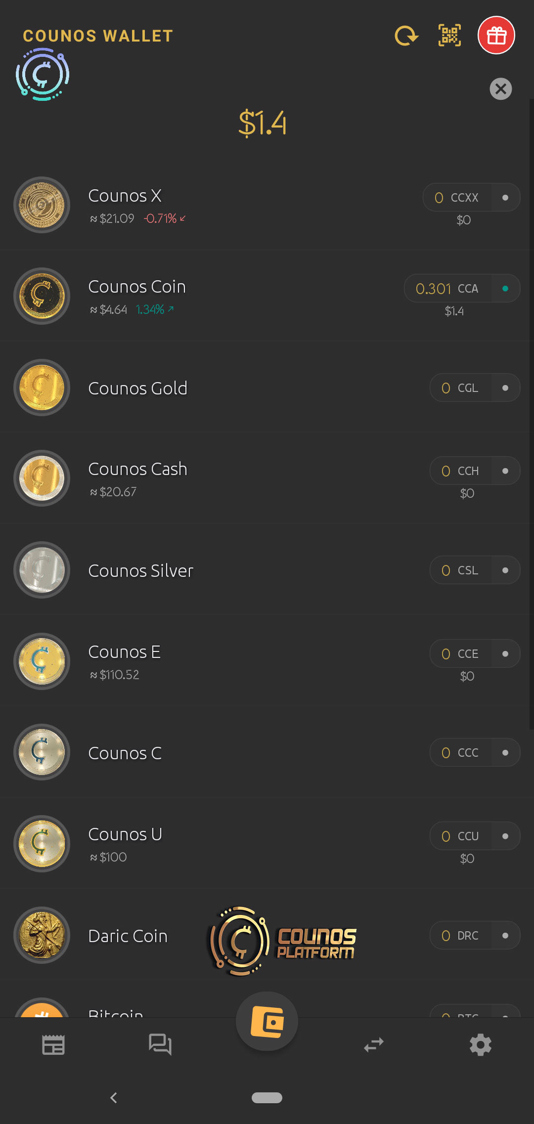 this main button will take you to the main page of the Counos Mobile Wallet 1.9.0 in which you can see the list of all cryptocurrencies and also the balance for each coin and all the total balance in U.S. dollar